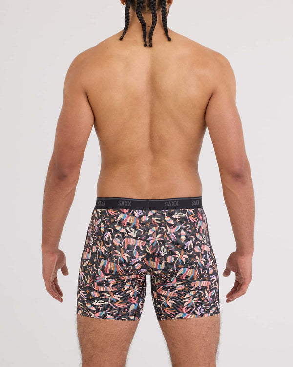 Back - Model wearing Quest Quick-Dry Mesh Boxer Brief in Adobe Zoo-Black