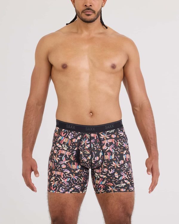 Front - Model wearing Quest Quick-Dry Mesh Boxer Brief in Adobe Zoo-Black