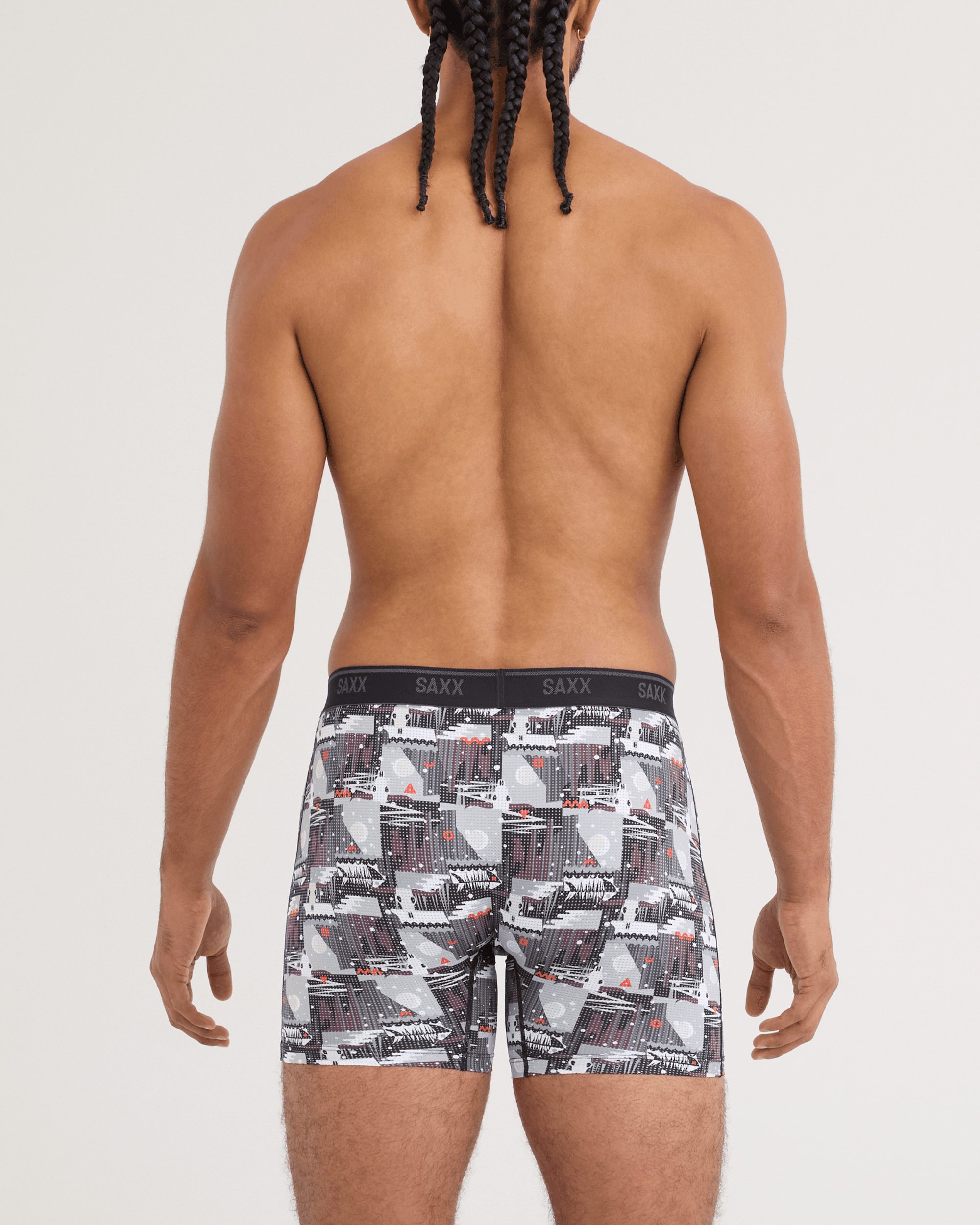 Back - Model wearing Quest Quick-Dry Mesh Boxer Brief in Winter Trek-Black