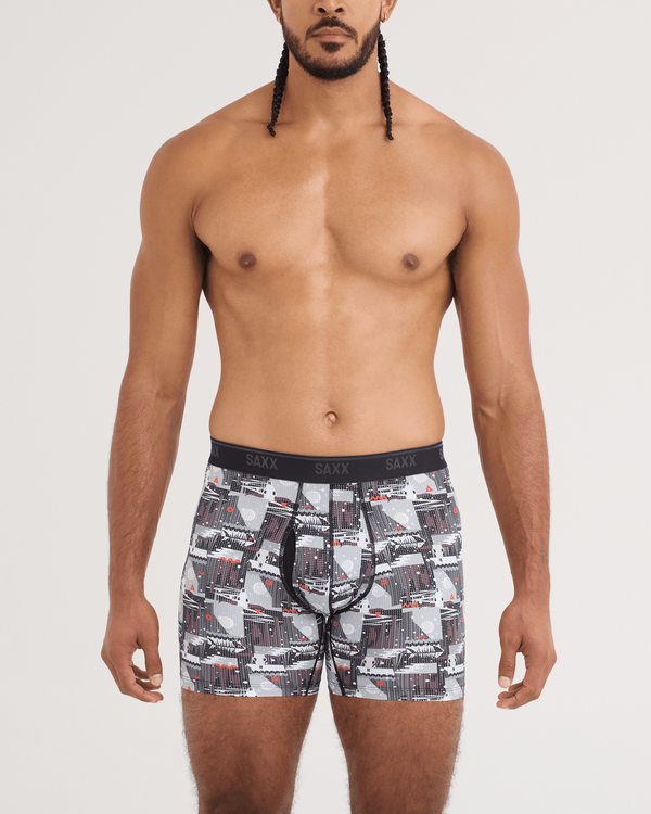 Front - Model wearing Quest Quick-Dry Mesh Boxer Brief in Winter Trek-Black