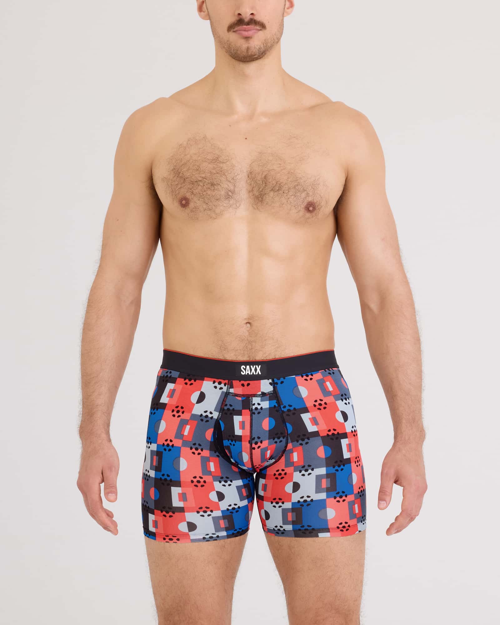 Front - Model wearing Multi-Sport Mesh Boxer Brief Fly in Pitch Check-Multi