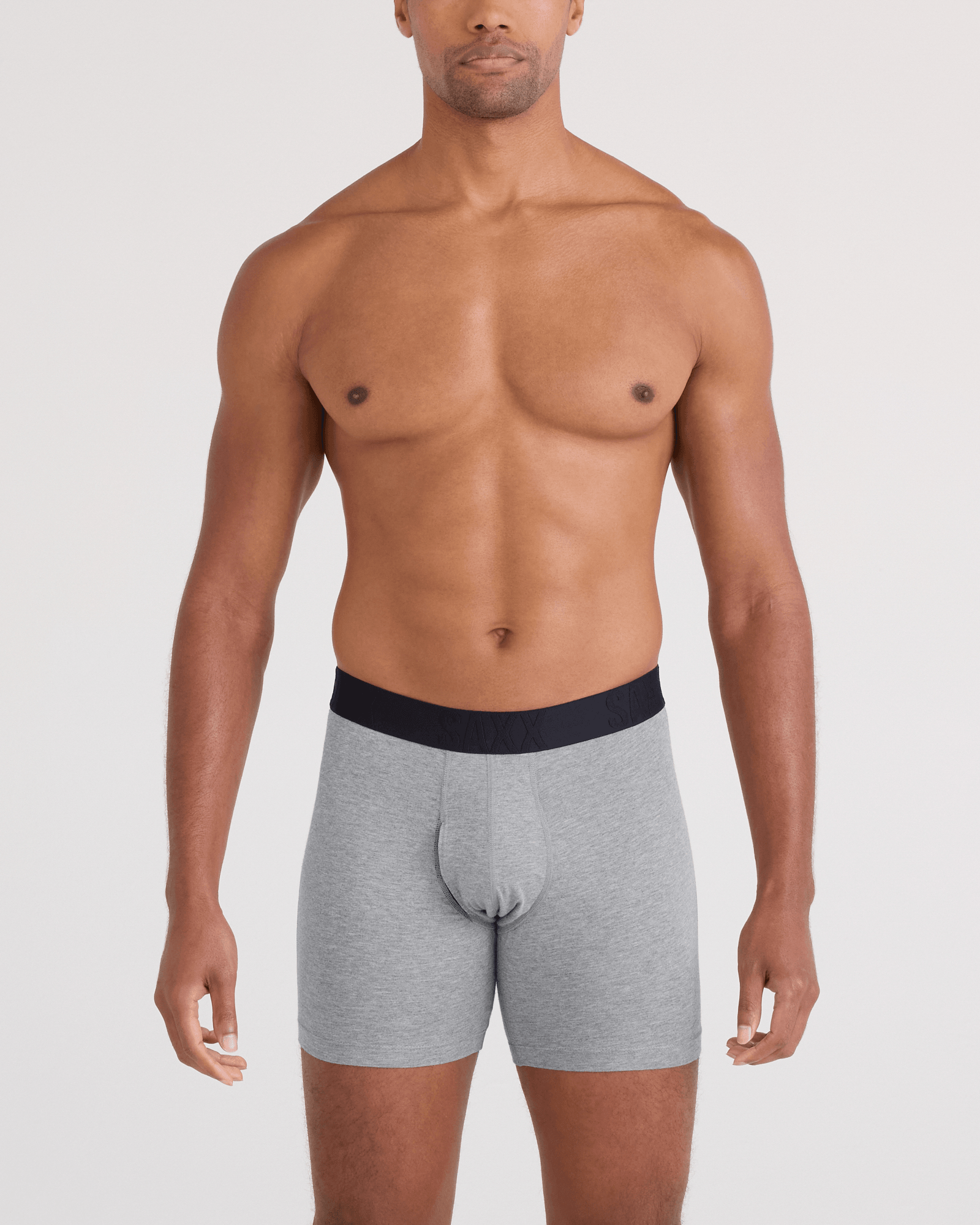 Front - Model wearing  DropTemp Cooling Cotton Boxer Brief Fly 3 Pack in Dk Grey Heather/Dark Ink/Black