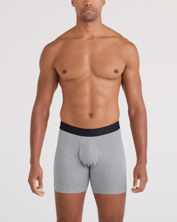 Front - Model wearing  DropTemp Cooling Cotton Boxer Brief Fly 3 Pack in Dk Grey Heather/Dark Ink/Black
