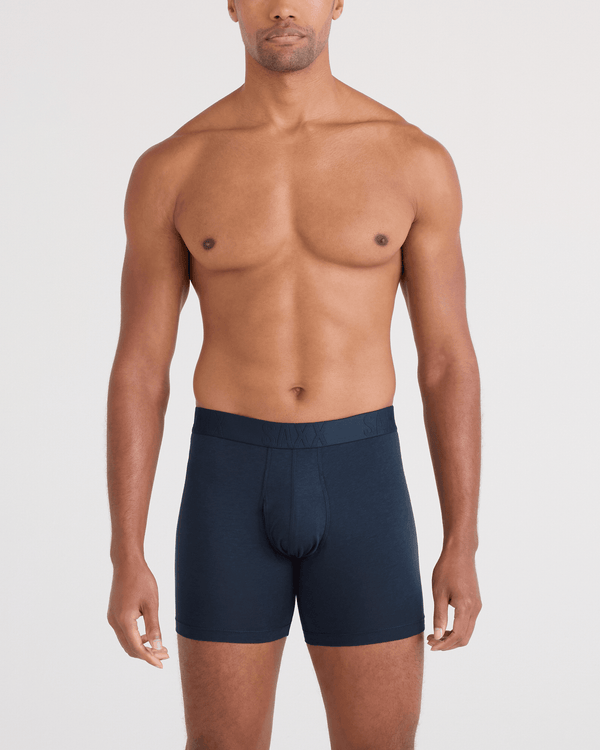 Front - Model wearing  DropTemp Cooling Cotton Boxer Brief Fly 2 Pack in Dark Ink/Black