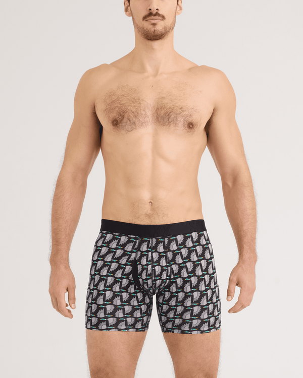 Front - Model wearing DropTemp Cooling Cotton Boxer Brief in Flight Pattern-Black