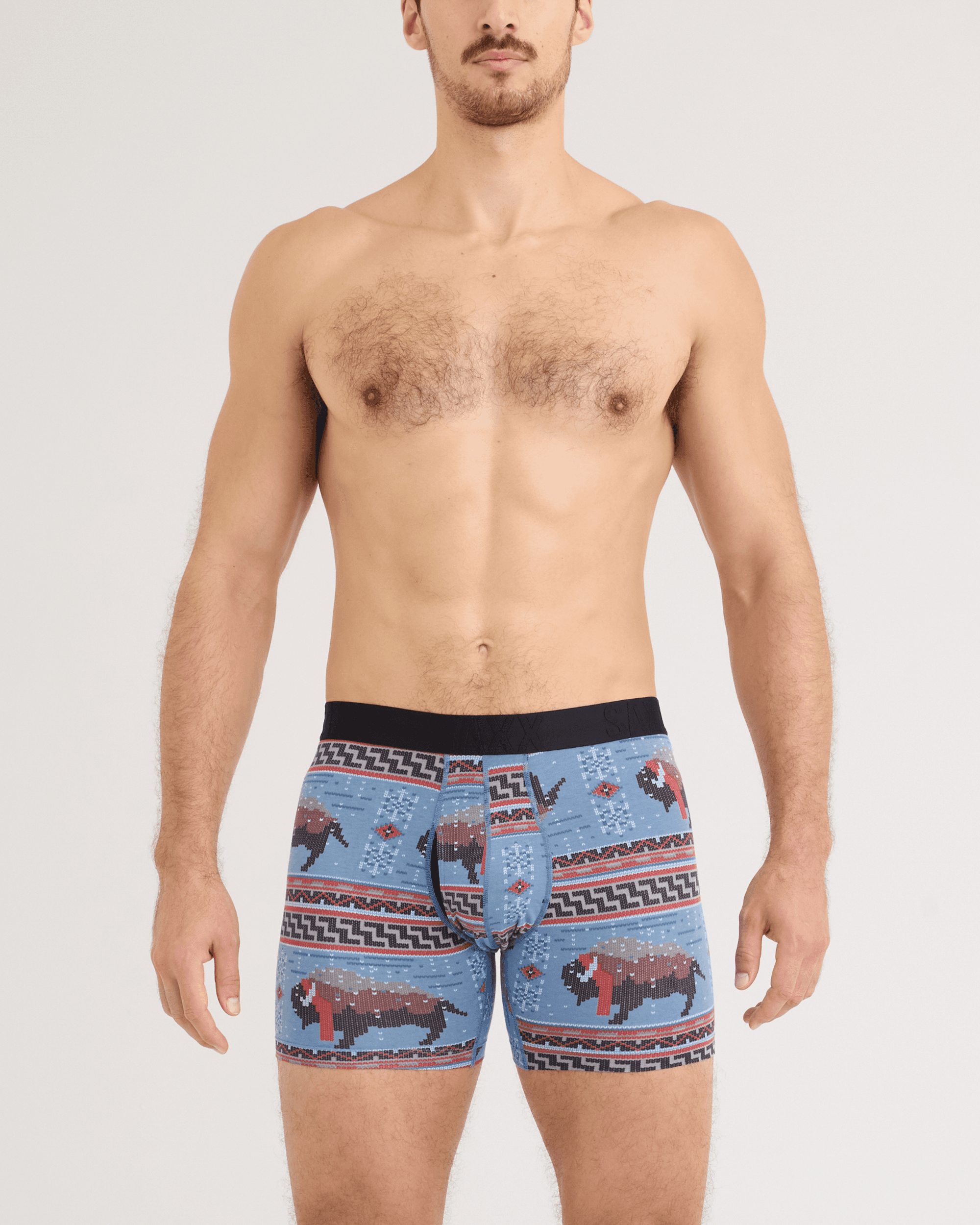 Front - Model wearing DropTemp Cooling Cotton Boxer Brief in Fluffalo-Washed Blue