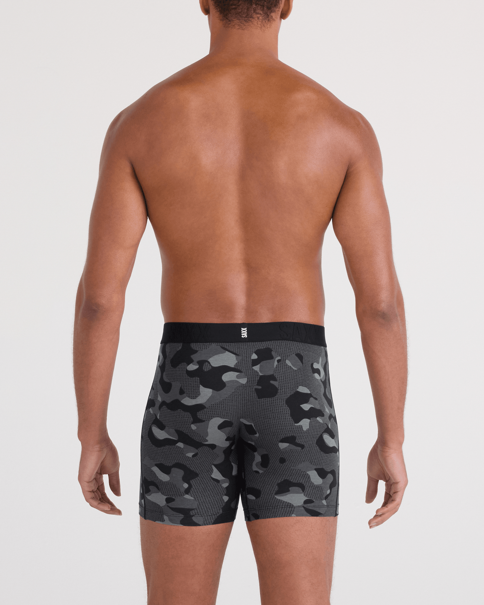 Back - Model wearing  DropTemp Cooling Cotton Boxer Brief Fly in Pebble Camo-Graphite