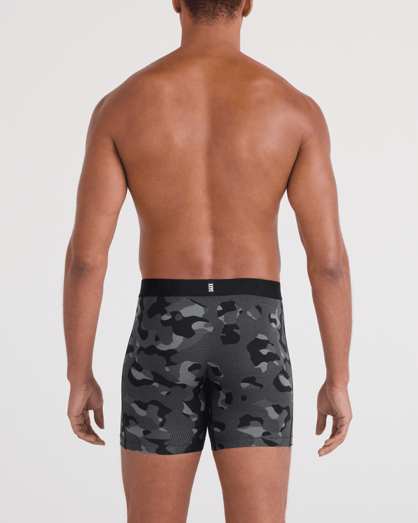 Back - Model wearing  DropTemp Cooling Cotton Boxer Brief Fly in Pebble Camo-Graphite