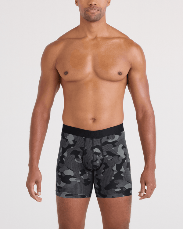 Front - Model wearing  DropTemp Cooling Cotton Boxer Brief Fly in Pebble Camo-Graphite