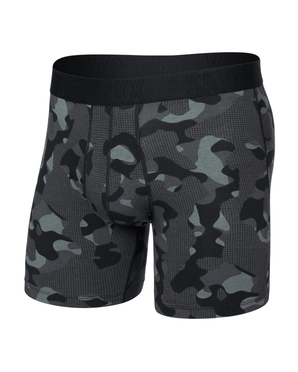 Front of  DropTemp Cooling Cotton Boxer Brief Fly in Pebble Camo-Graphite