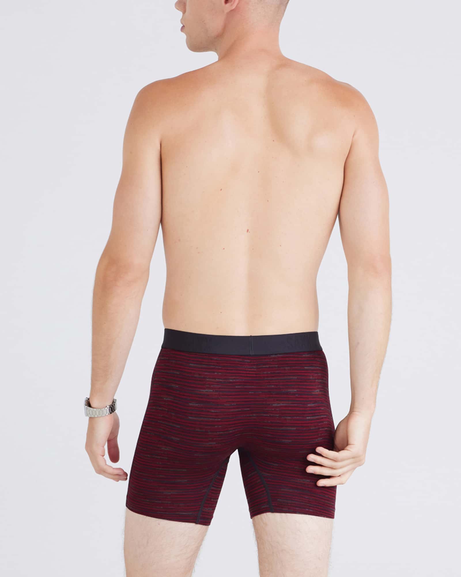 Back - Model wearing Vibe Xtra Boxer Brief Fly 2Pk in Spacedye Stripe/Black