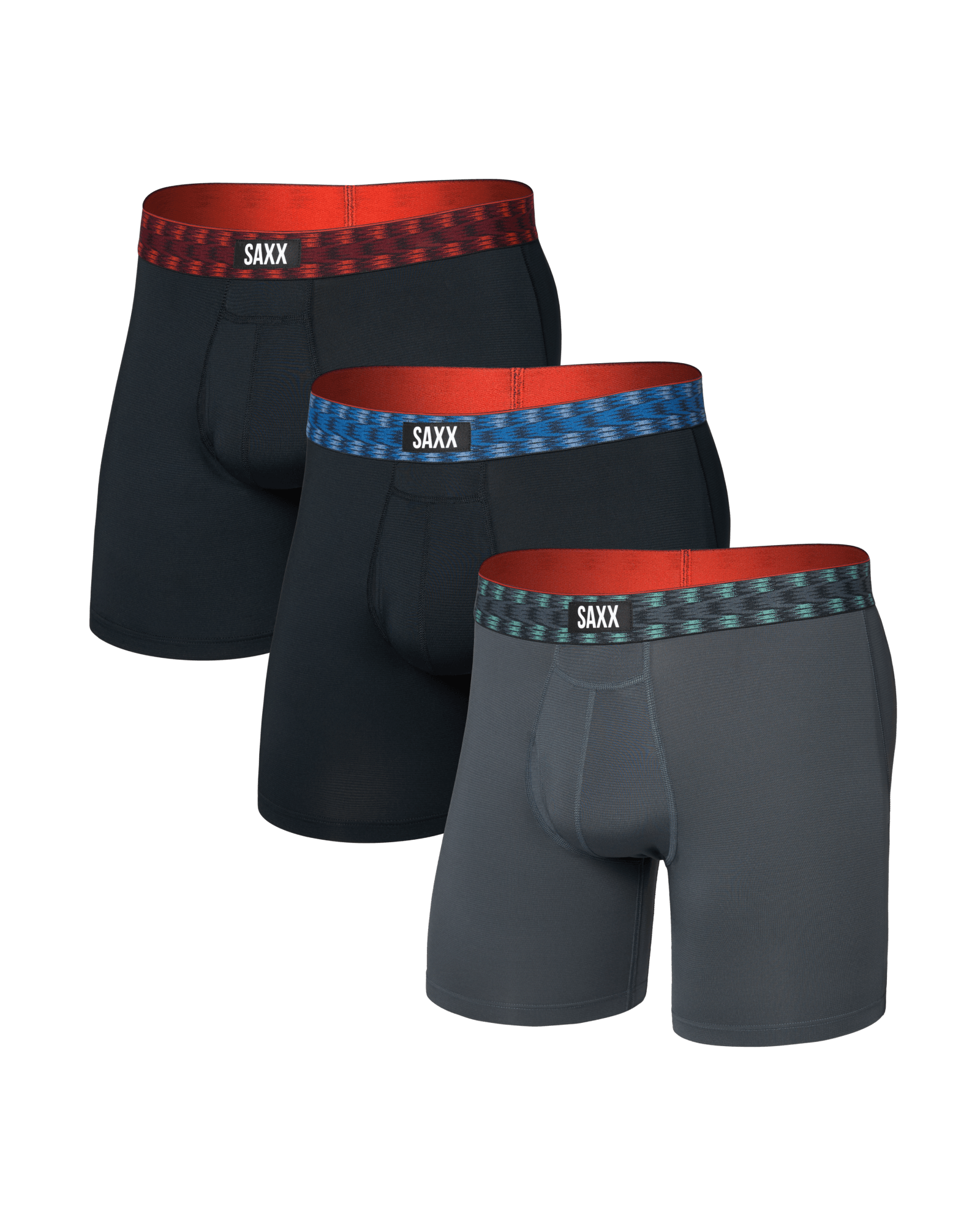 Front of  Multi-Sport Mesh Boxer Brief Fly 3 Pack in Red/Mint/Blue Jagged Waistband