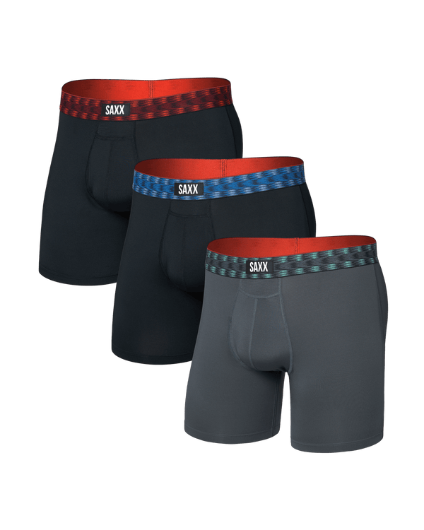 Front of  Multi-Sport Mesh Boxer Brief Fly 3 Pack in Red/Mint/Blue Jagged Waistband