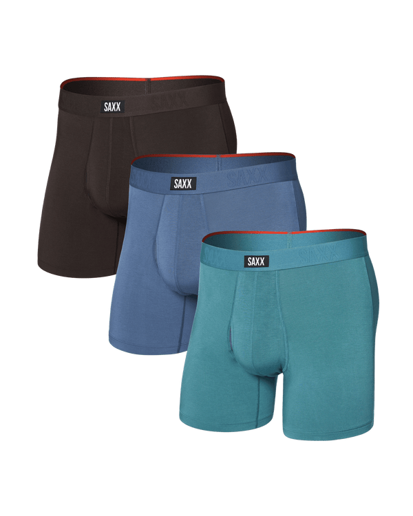 Front of  Vibe Xtra Soft Comfort Boxer Brief Fly 3 Pack in Seascape/Indigo/Dark Chocolate
