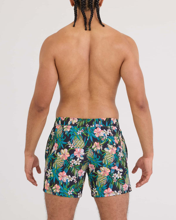 Back - Model wearing Oh Buoy 2N1 Volley 5" in Pineapple Field-Black