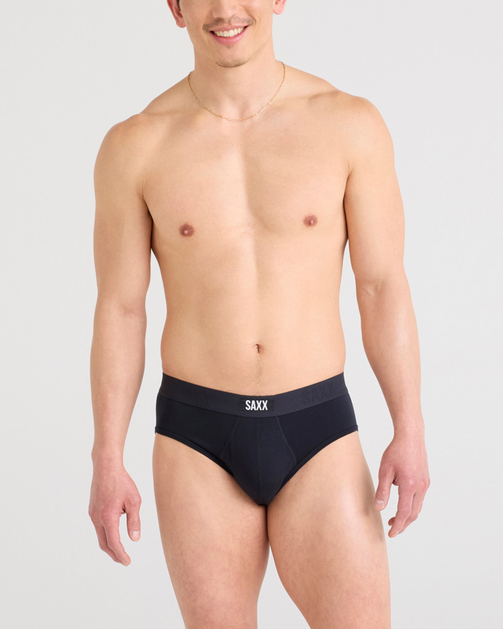 Front - Model wearing Vibe Xtra Soft Comfort Brief Fly 2 Pack in Black