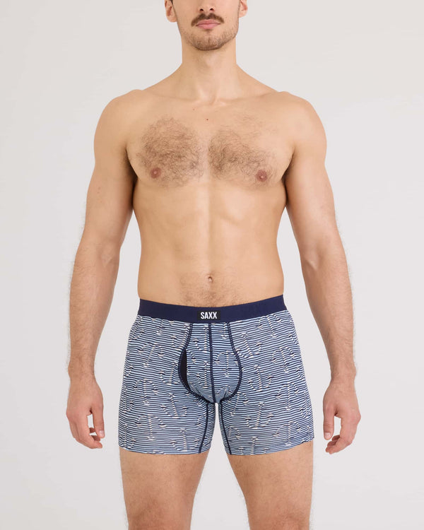 Front - Model wearing Vibe Xtra Boxer Brief in Anchor Stripe-Blue