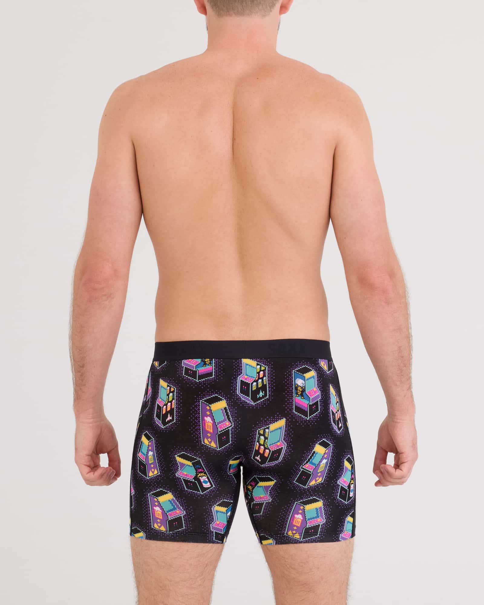 Back - Model wearing Vibe Xtra Soft Comfort Boxer Brief Fly in Beercade-Black