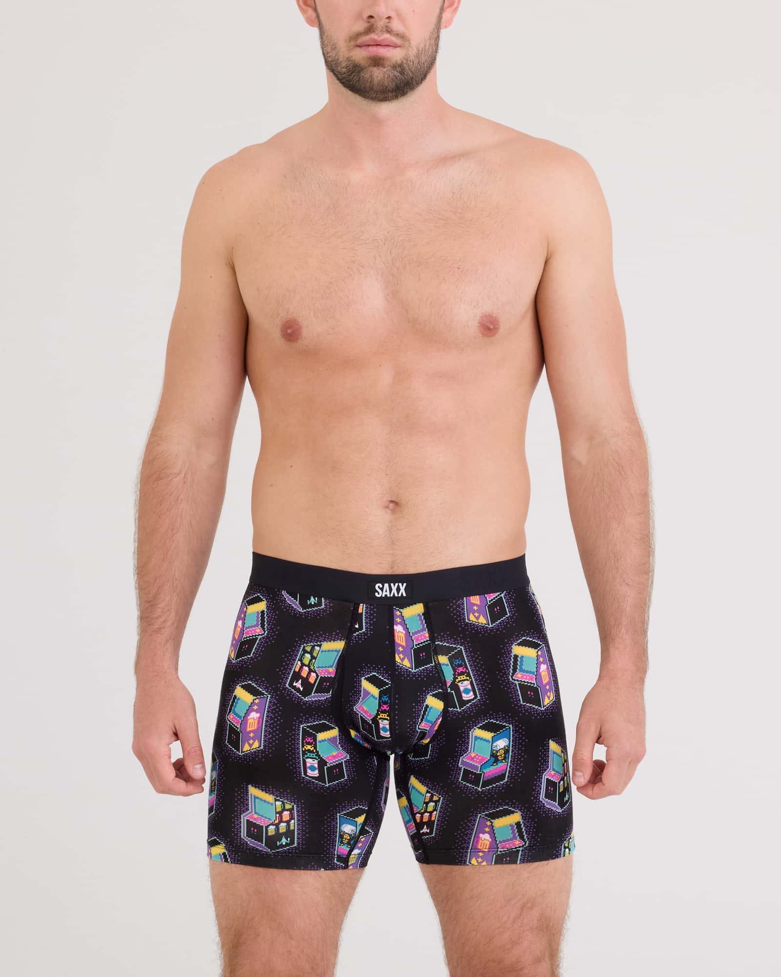 Front - Model wearing Vibe Xtra Soft Comfort Boxer Brief Fly in Beercade-Black