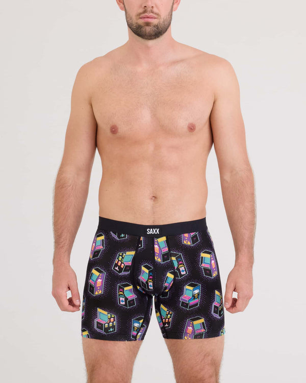 Front - Model wearing Vibe Xtra Soft Comfort Boxer Brief Fly in Beercade-Black