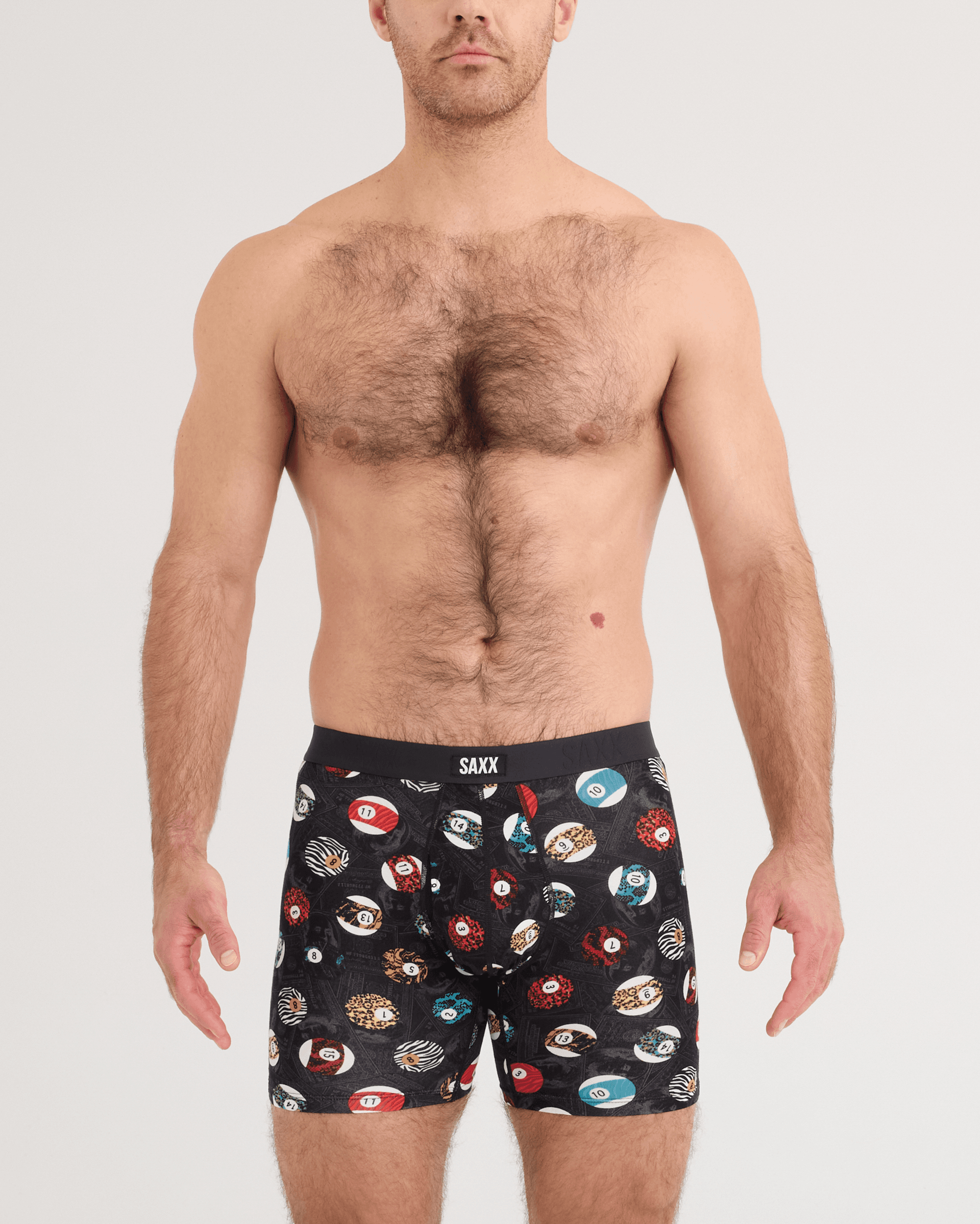 Front - Model wearing Vibe Xtra Soft Comfort Boxer Brief in Billiard Parlor-Black