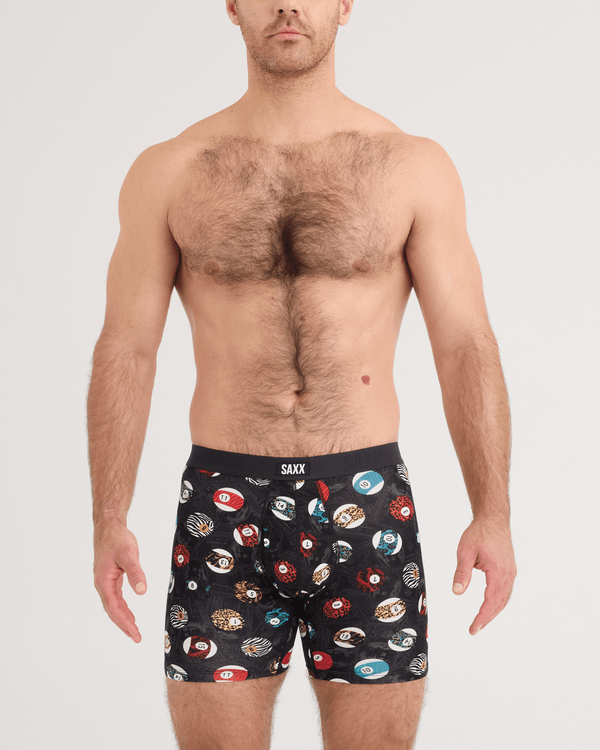 Front - Model wearing Vibe Xtra Soft Comfort Boxer Brief in Billiard Parlor-Black