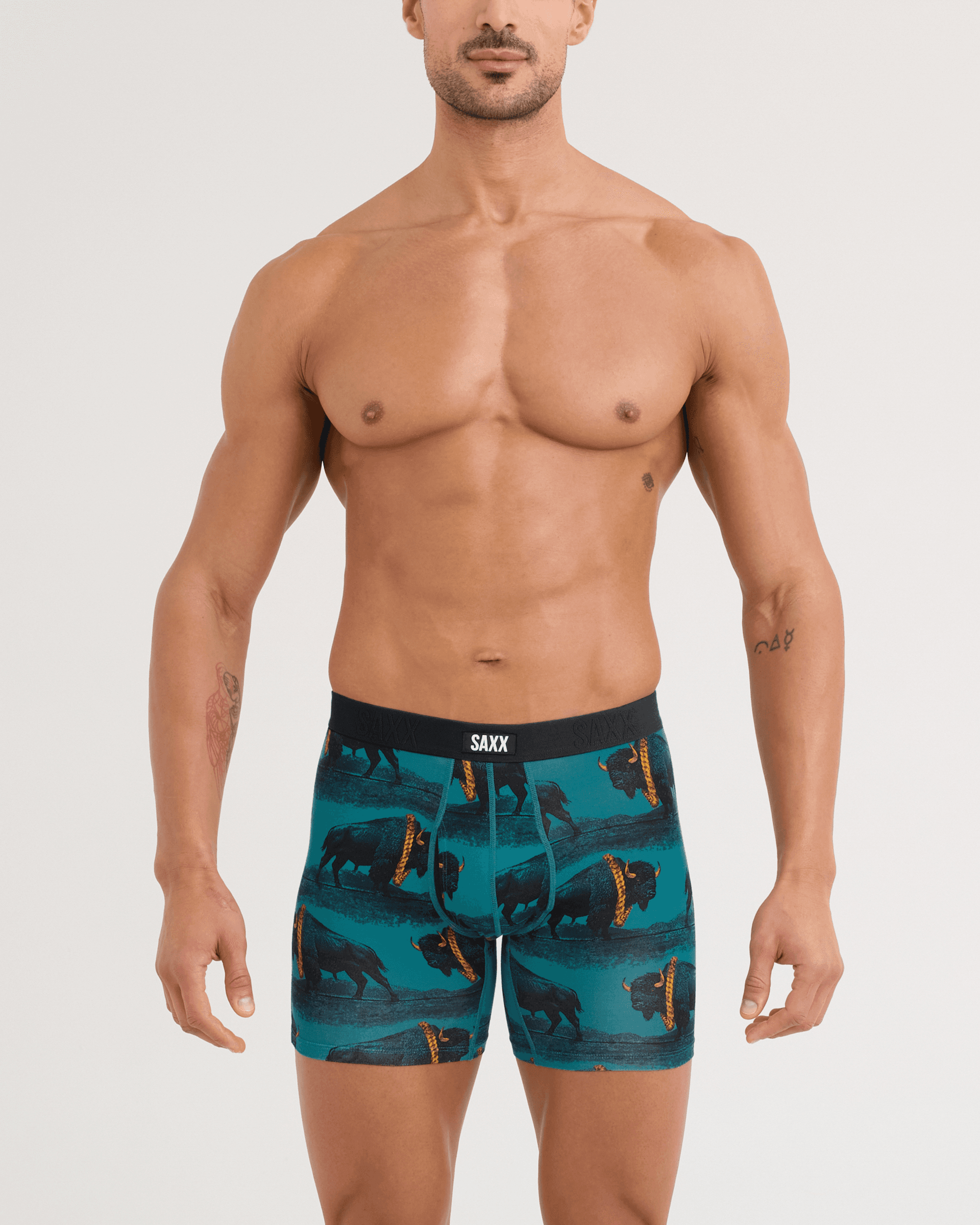 Front - Model wearing Vibe Xtra Soft Comfort Boxer Brief in Bison Bling-Seascape