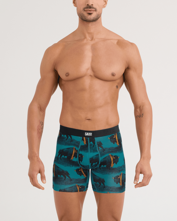 Front - Model wearing Vibe Xtra Soft Comfort Boxer Brief in Bison Bling-Seascape