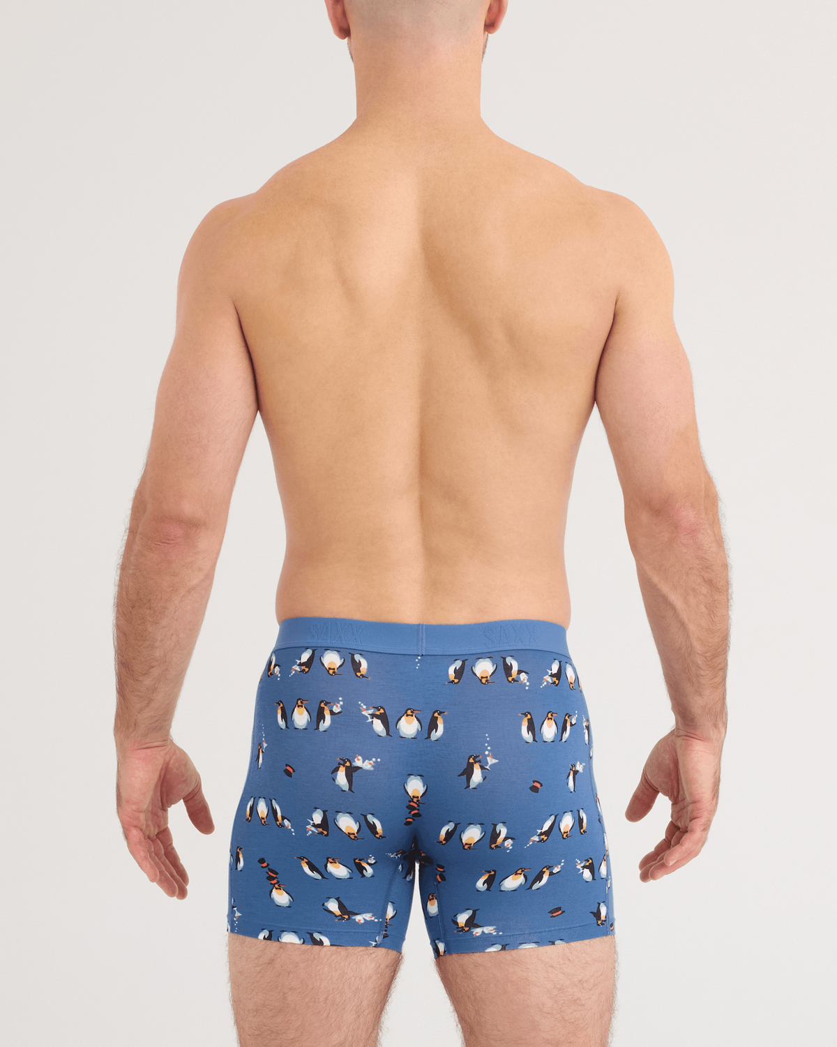Back - Model wearing Vibe Xtra Soft Comfort Boxer Brief in Black Tie Affair-Blue Horizon