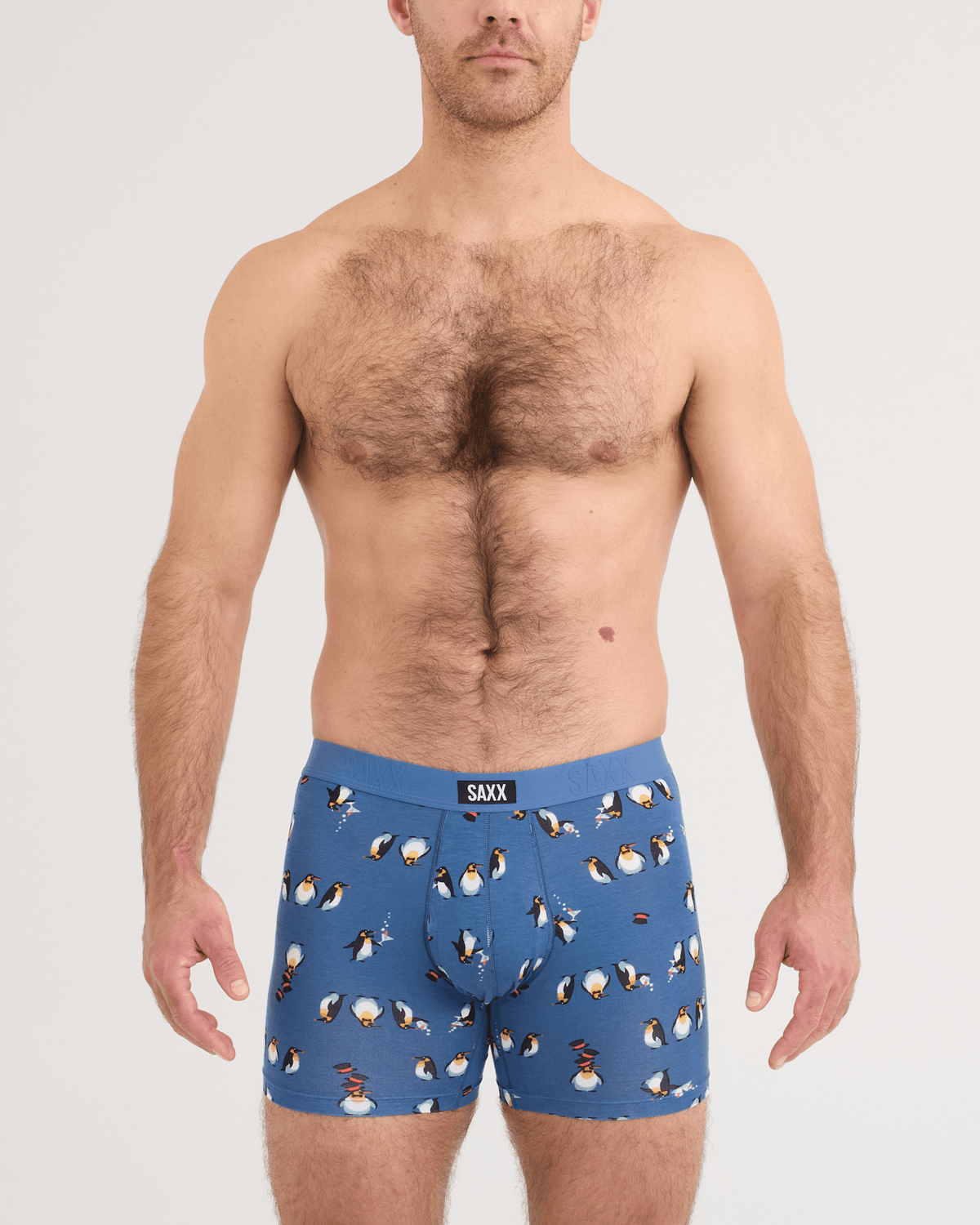 Front - Model wearing Vibe Xtra Soft Comfort Boxer Brief in Black Tie Affair-Blue Horizon