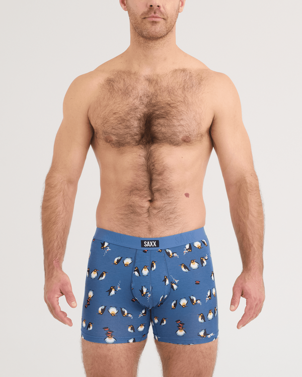 Front - Model wearing Vibe Xtra Soft Comfort Boxer Brief in Black Tie Affair-Blue Horizon