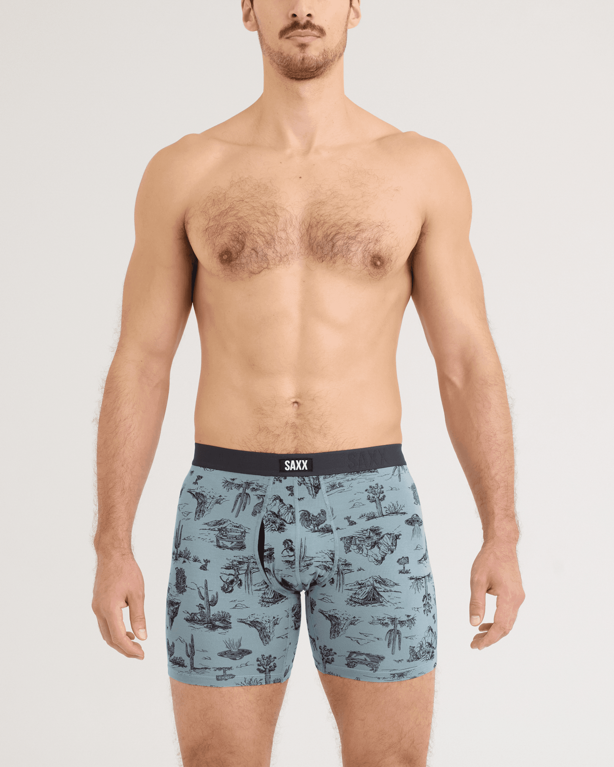 Front - Model wearing Vibe Xtra Soft Comfort Boxer Brief 2 Pack in Desert Daydream/Faded Black