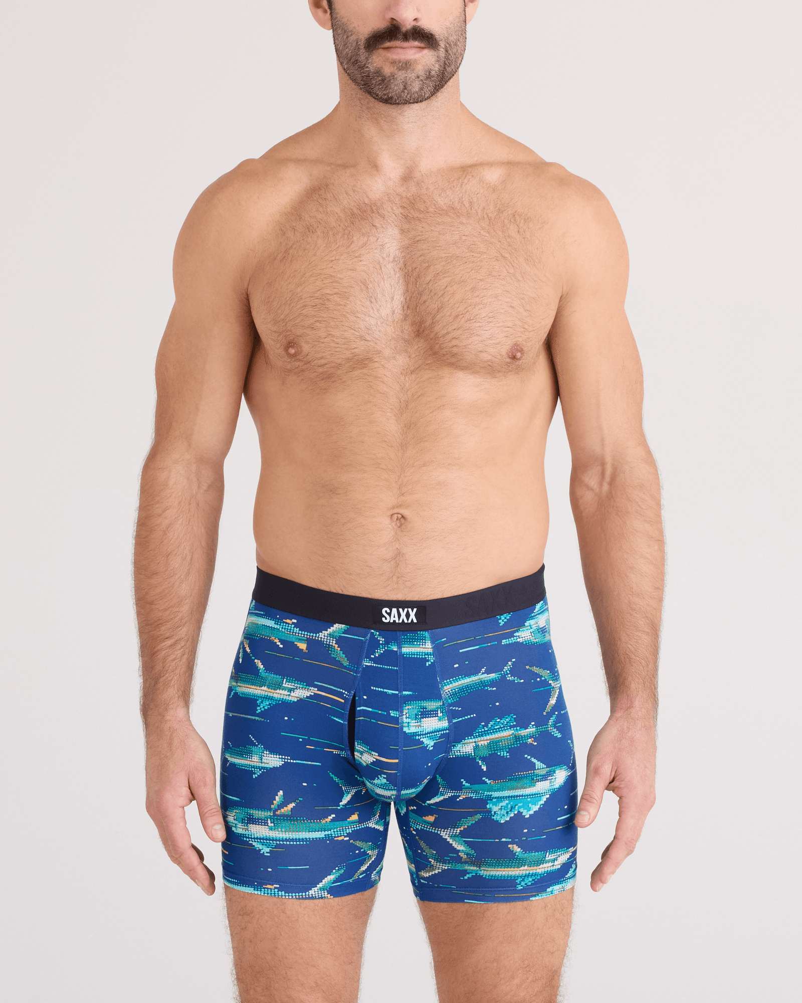 Front - Model wearing  Vibe Xtra Soft Comfort Boxer Brief Fly in Digi Fish-Sapphire
