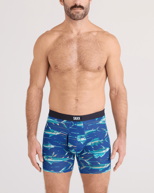 Front - Model wearing  Vibe Xtra Soft Comfort Boxer Brief Fly in Digi Fish-Sapphire
