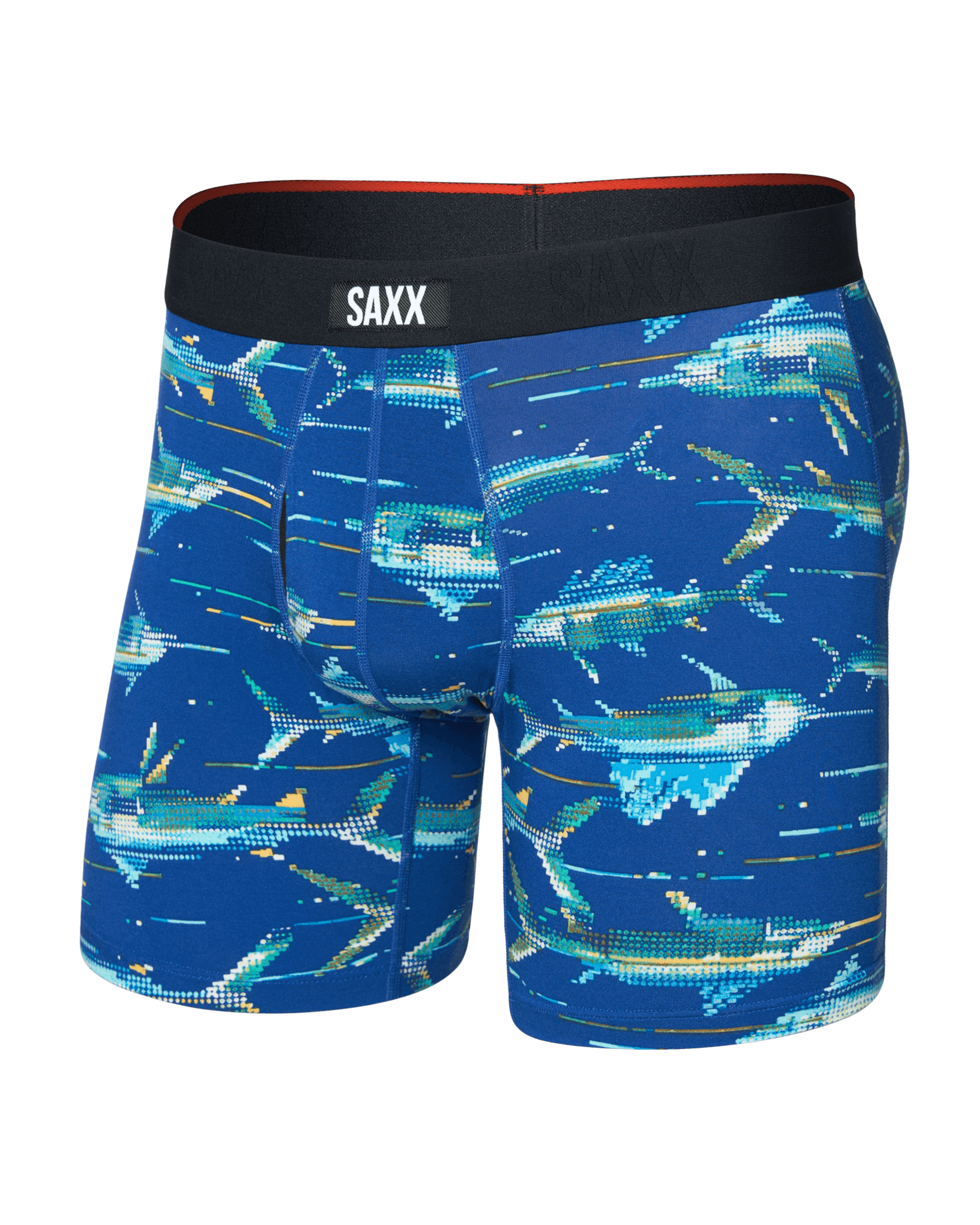 Front of  Vibe Xtra Soft Comfort Boxer Brief Fly in Digi Fish-Sapphire