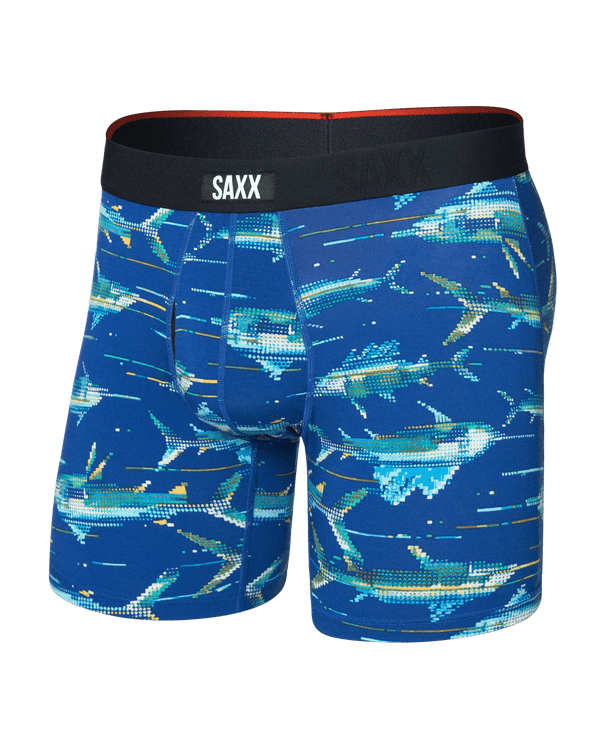 Front of  Vibe Xtra Soft Comfort Boxer Brief Fly in Digi Fish-Sapphire