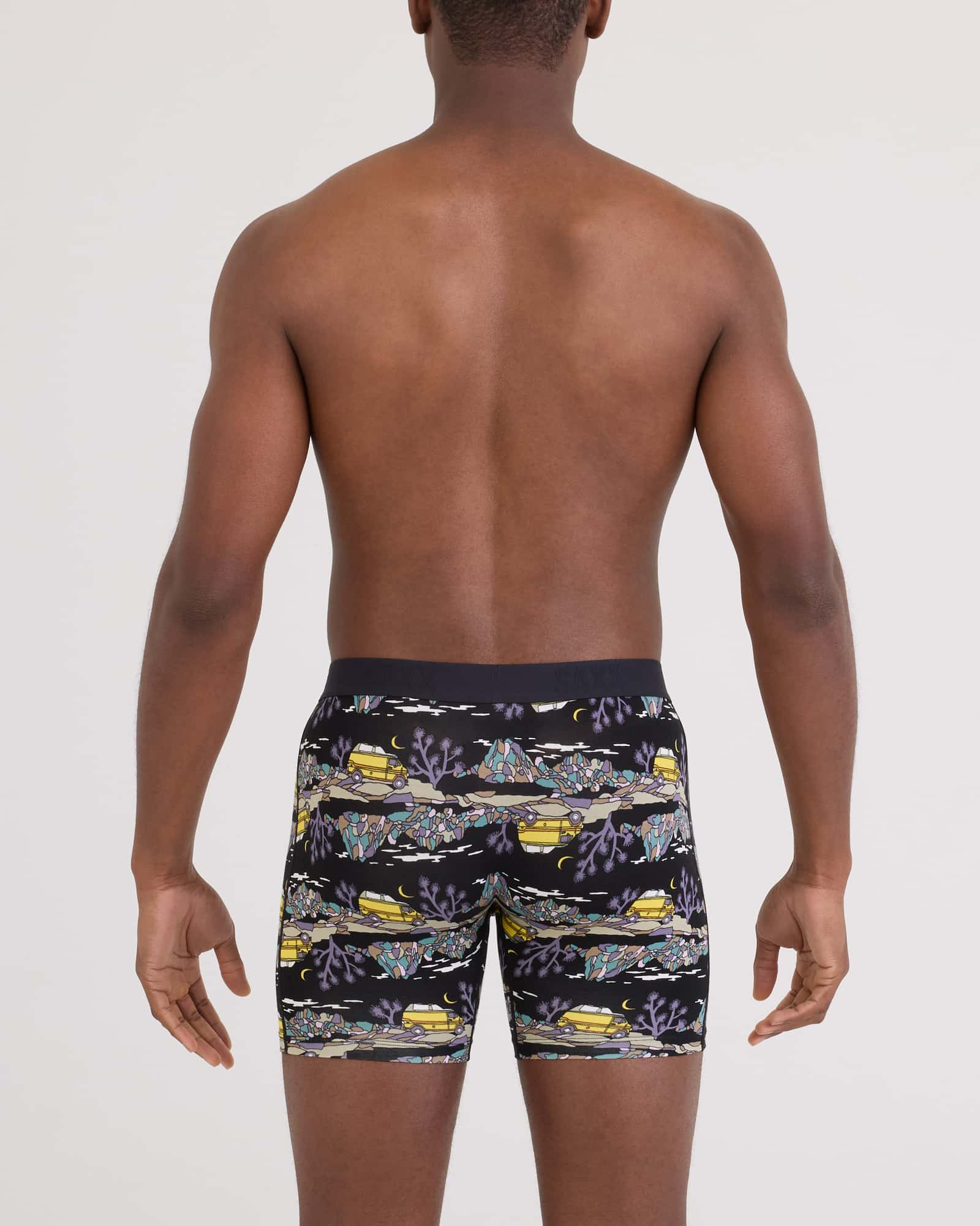 Back - Model wearing Vibe Xtra Soft Comfort Boxer Brief Fly in Escape To Joshua-Black