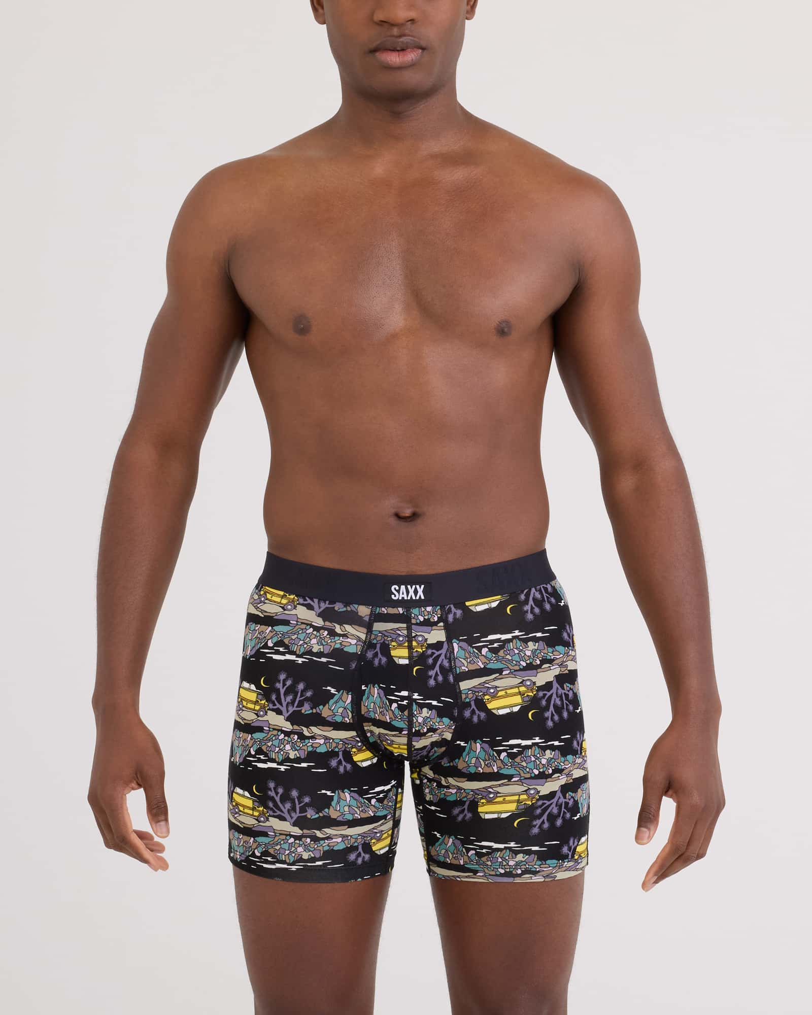 Front - Model wearing Vibe Xtra Soft Comfort Boxer Brief Fly in Escape To Joshua-Black