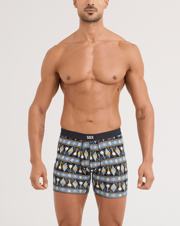 Front - Model wearing Vibe Xtra Soft Comfort Boxer Brief in Golf Sweater-Black