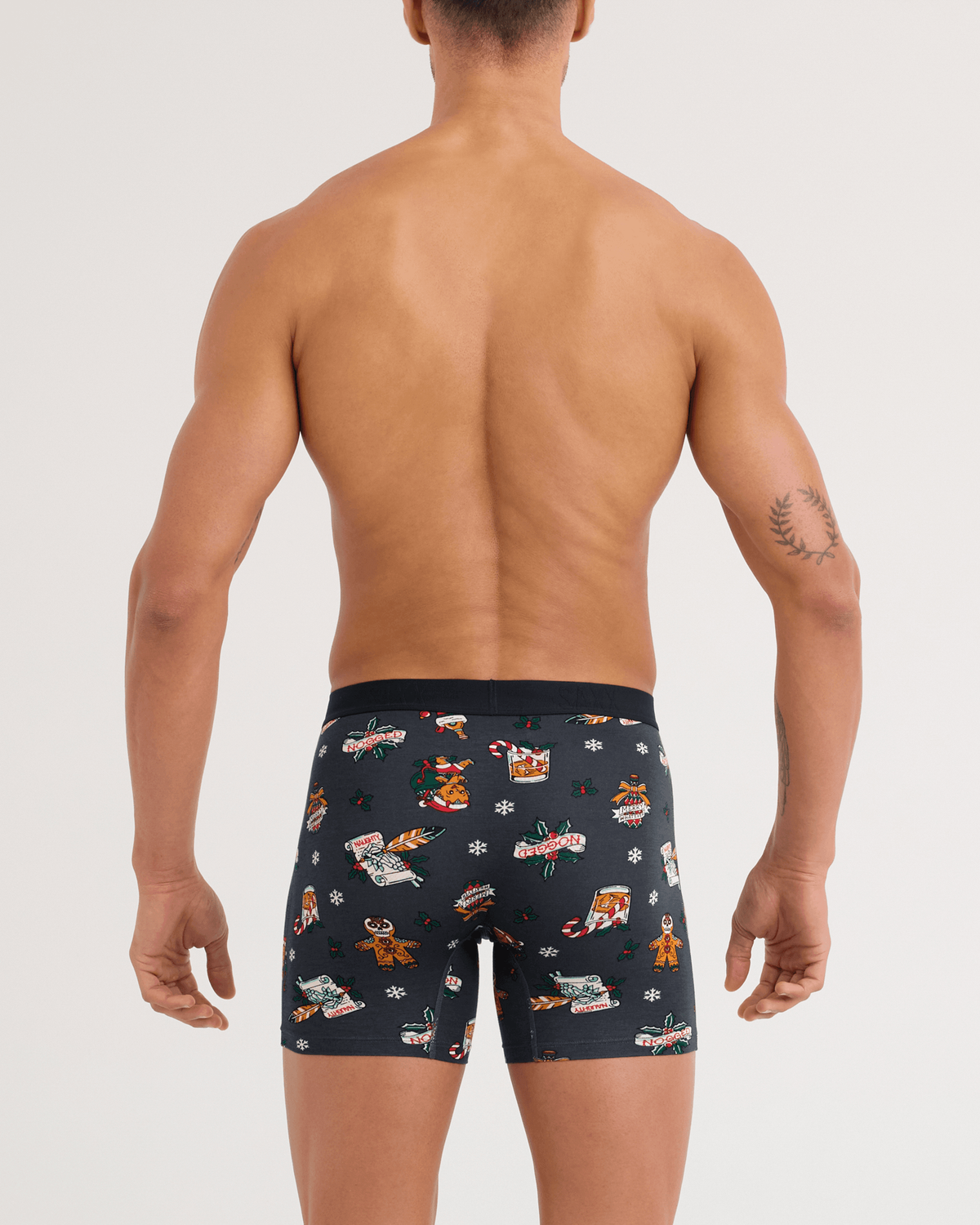 Back - Model wearing Vibe Xtra Soft Comfort Boxer Brief in Holiday Flash-Ebony