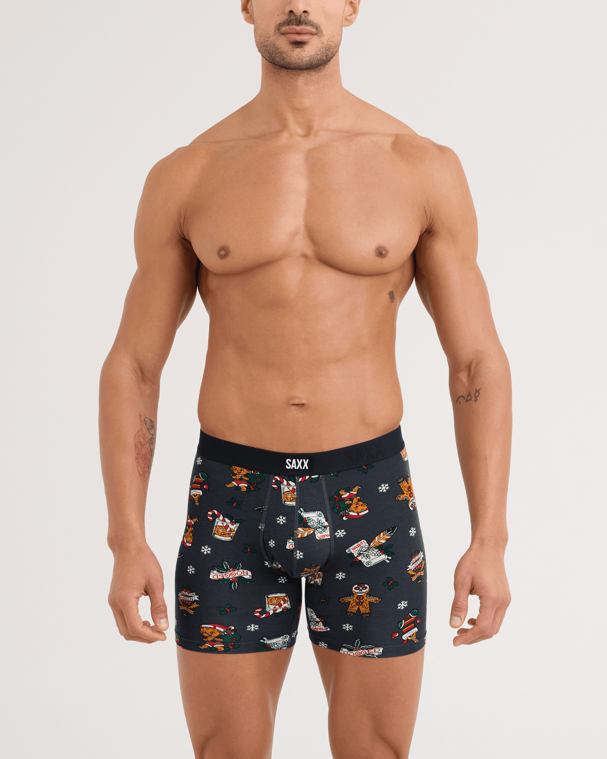 Front - Model wearing Vibe Xtra Soft Comfort Boxer Brief in Holiday Flash-Ebony