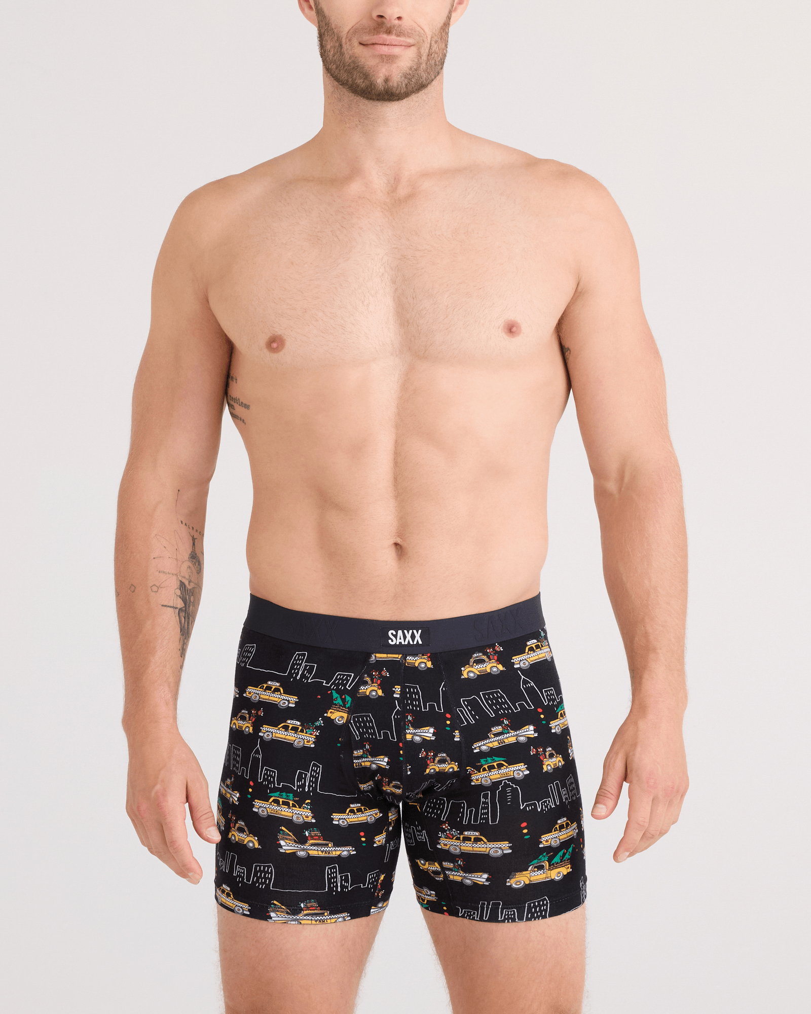 Front - Model wearing  Vibe Xtra Soft Comfort Boxer Brief Fly in Hail The Holiday-Black
