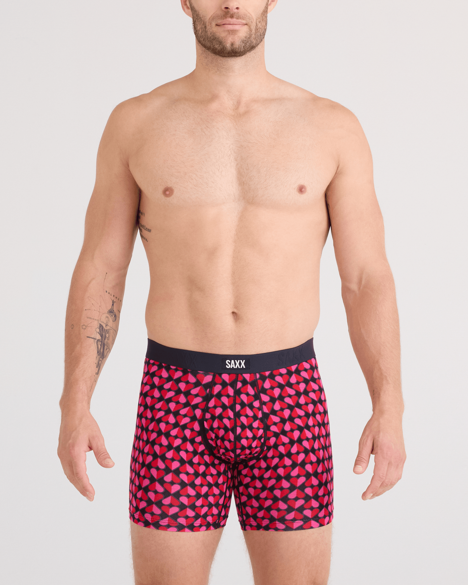 Front - Model wearing  Vibe Xtra Soft Comfort Boxer Brief Fly in Love Check Baby-Black