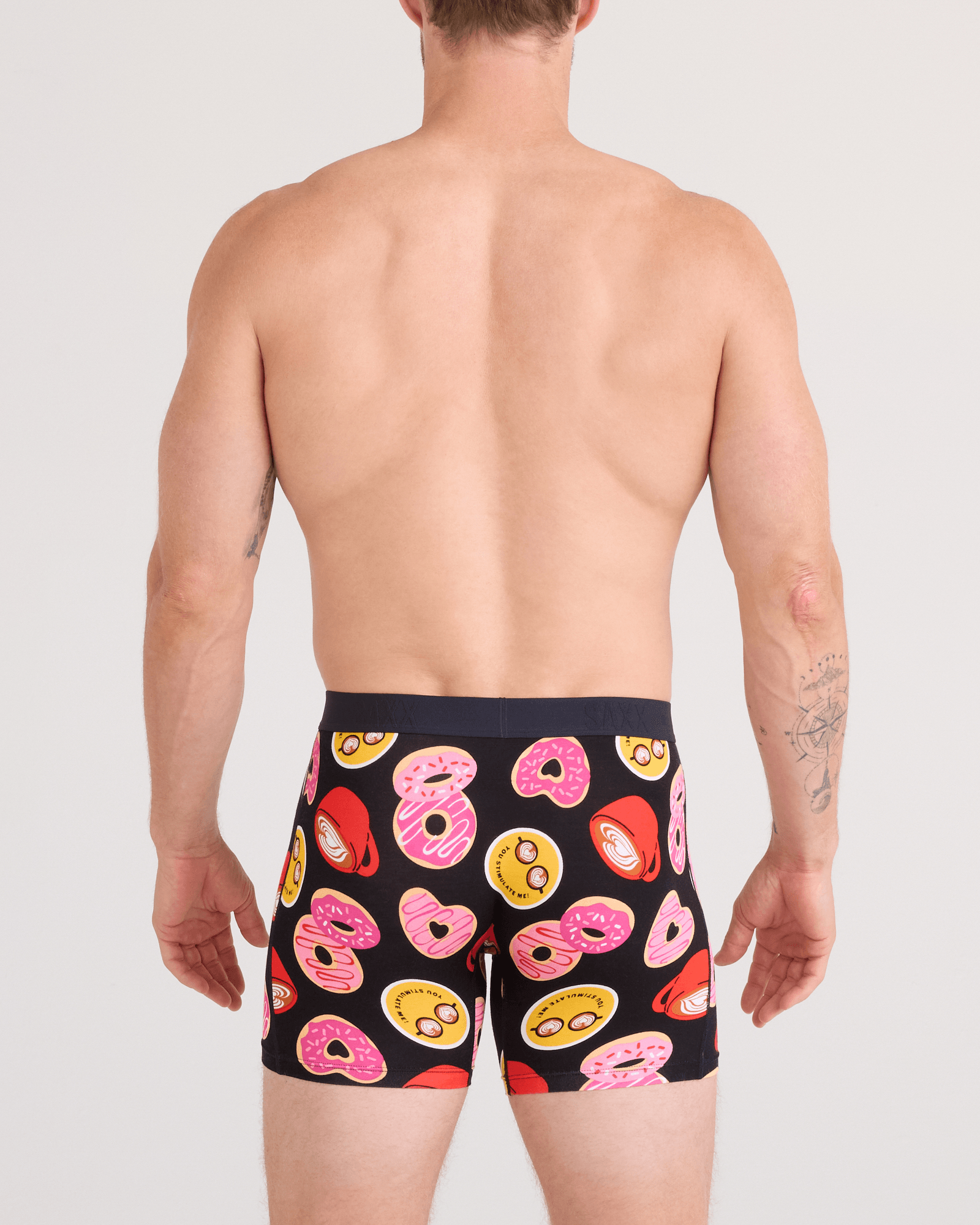 Back - Model wearing  Vibe Xtra Soft Comfort Boxer Brief Fly in Love Story-Black