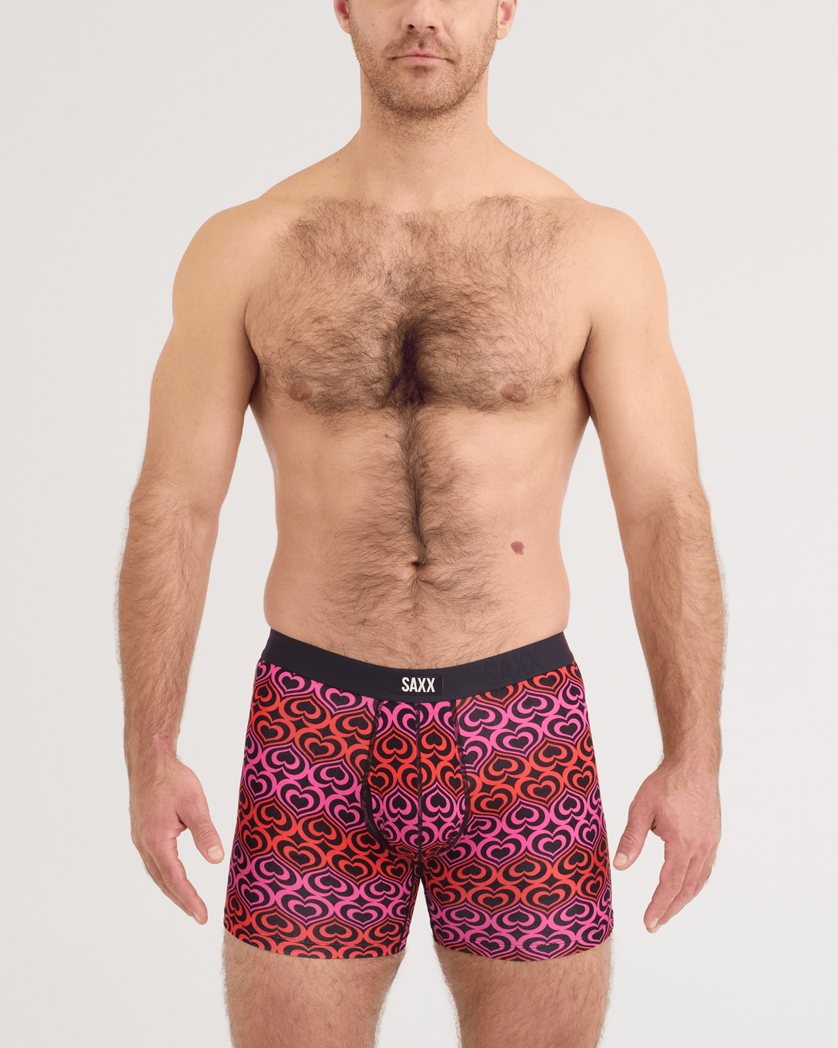 Front - Model wearing Vibe Xtra Soft Comfort Boxer Brief in Love Stripe-Black