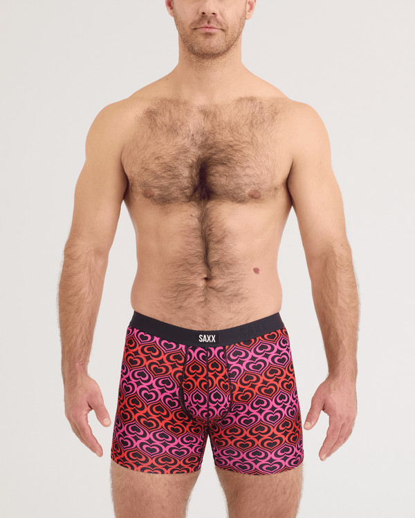 Front - Model wearing Vibe Xtra Soft Comfort Boxer Brief in Love Stripe-Black