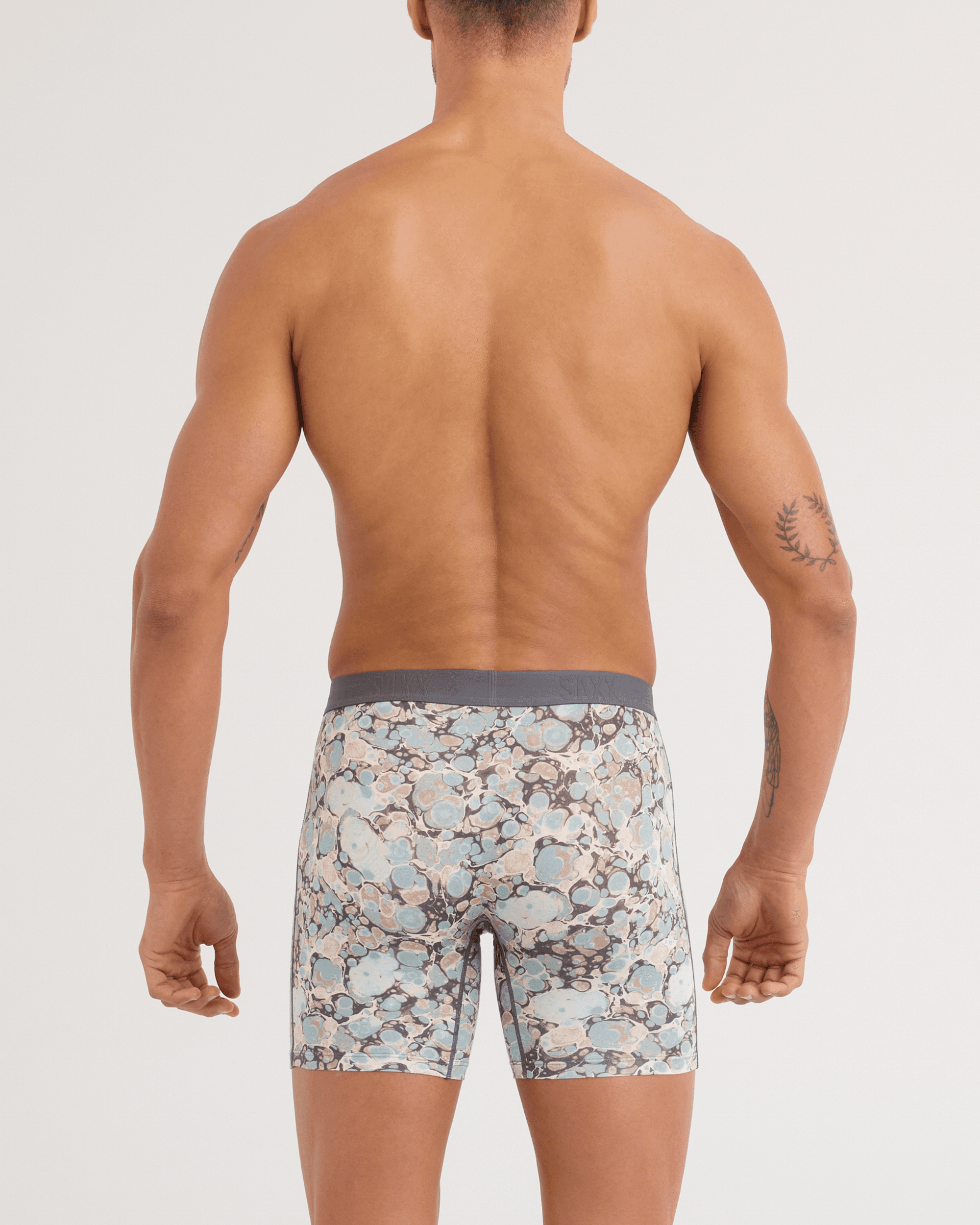 Back - Model wearing Vibe Xtra Soft Comfort Boxer Brief in Marble Camo-Clay Blue