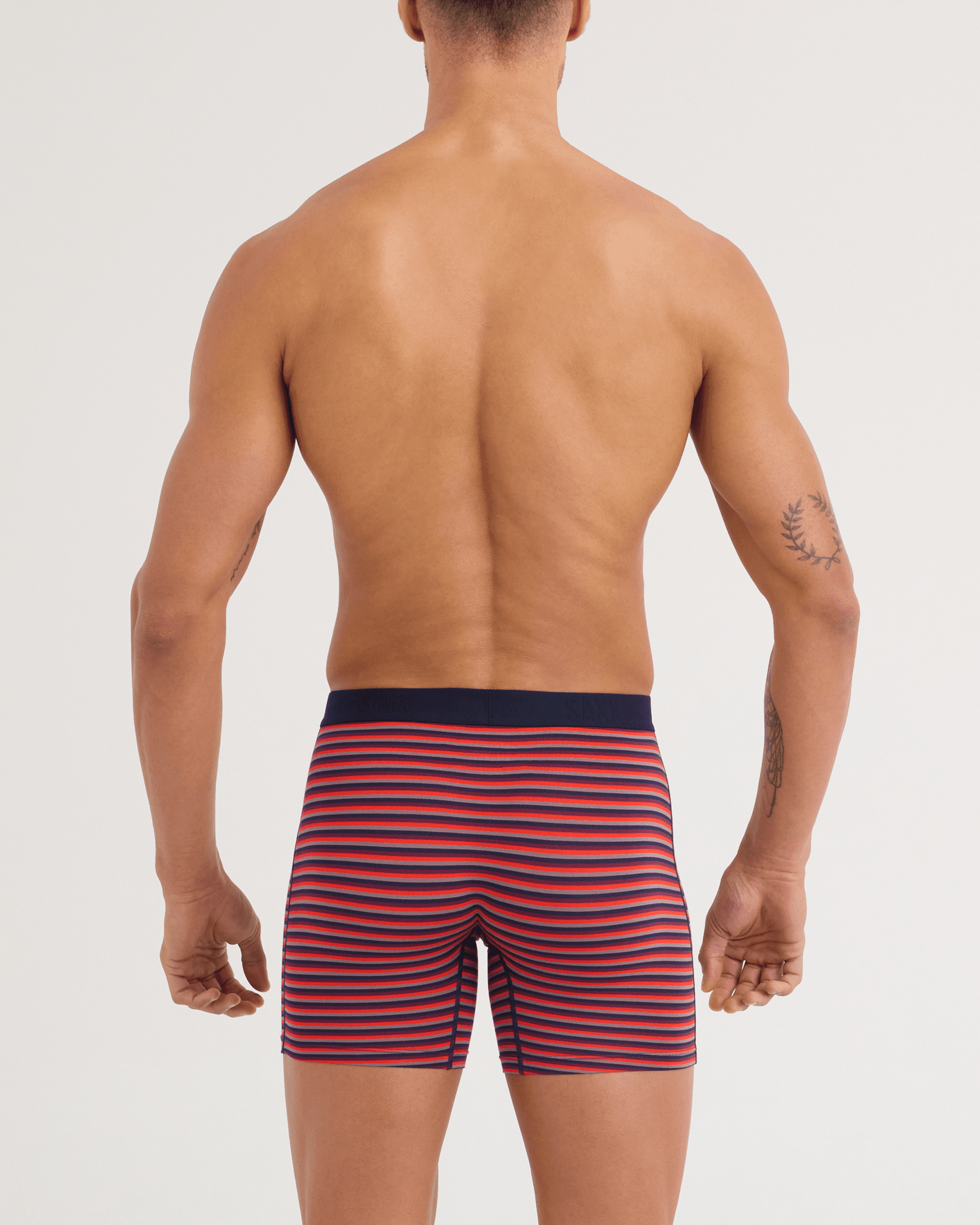Back - Model wearing Vibe Xtra Soft Comfort Boxer Brief in Micro Stripe-Maroon