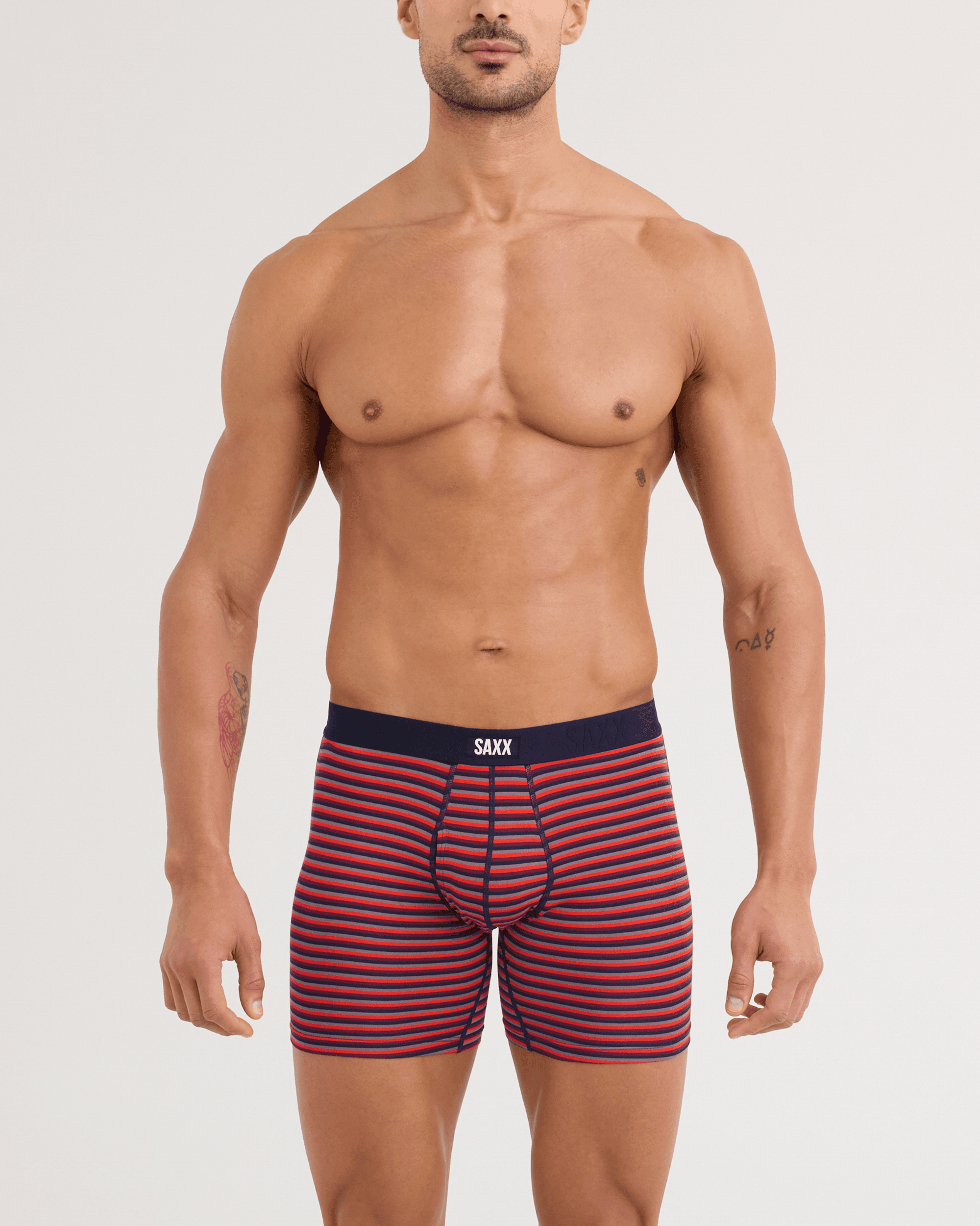 Front - Model wearing Vibe Xtra Soft Comfort Boxer Brief in Micro Stripe-Maroon