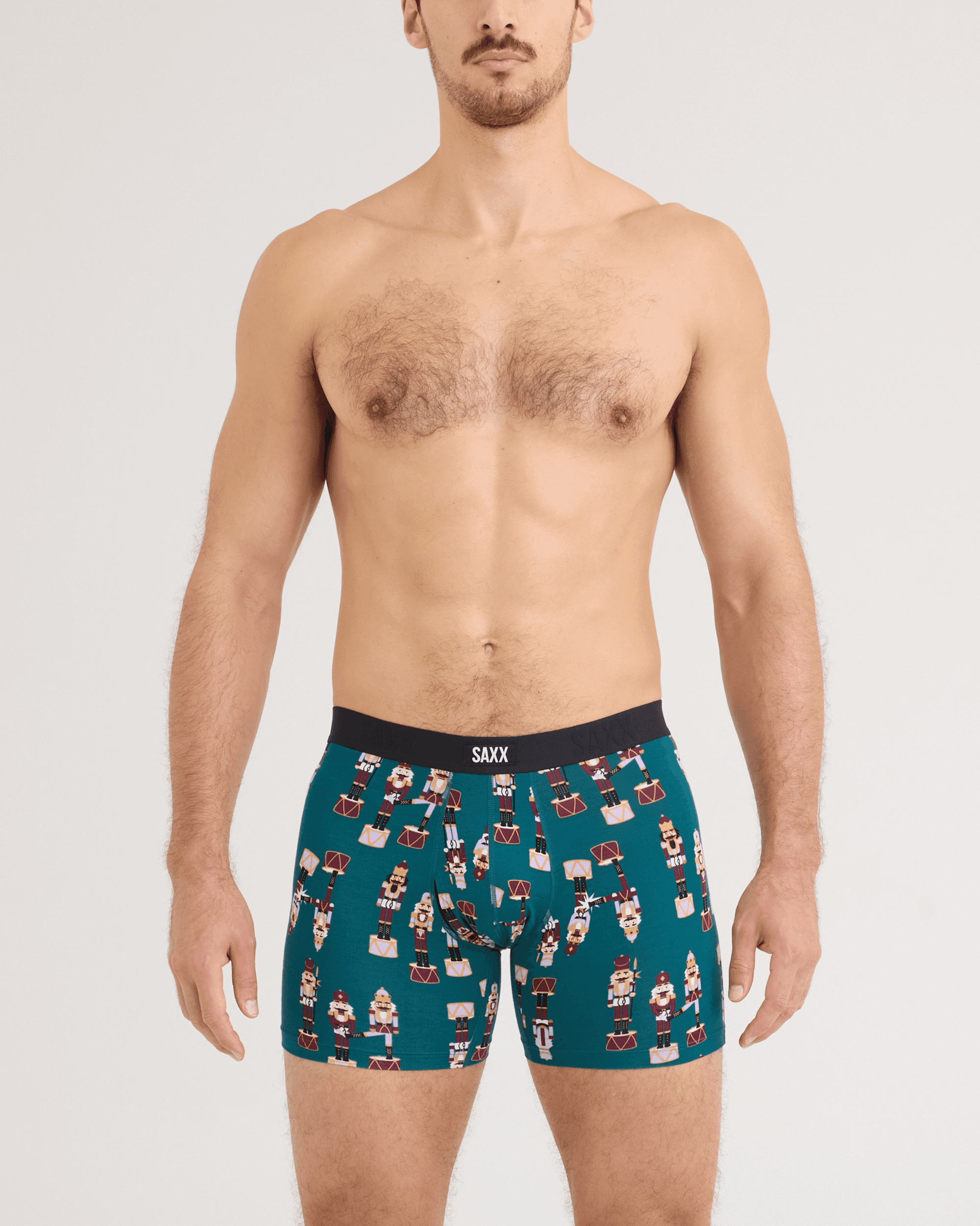 Front - Model wearing Vibe Xtra Soft Comfort Boxer Brief 2 Pack in Nutcracker 25/Black